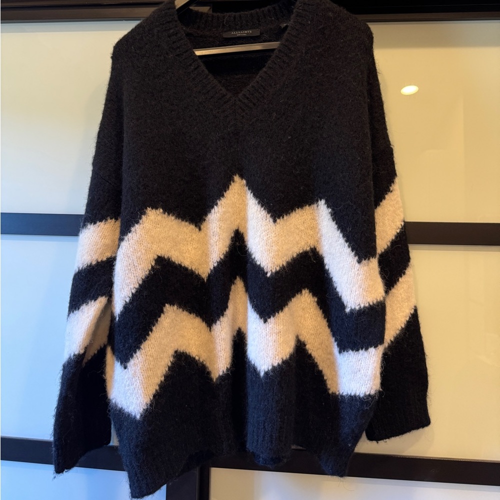 All Saints Black and White Oversized Alphaca V-Neck Sweater